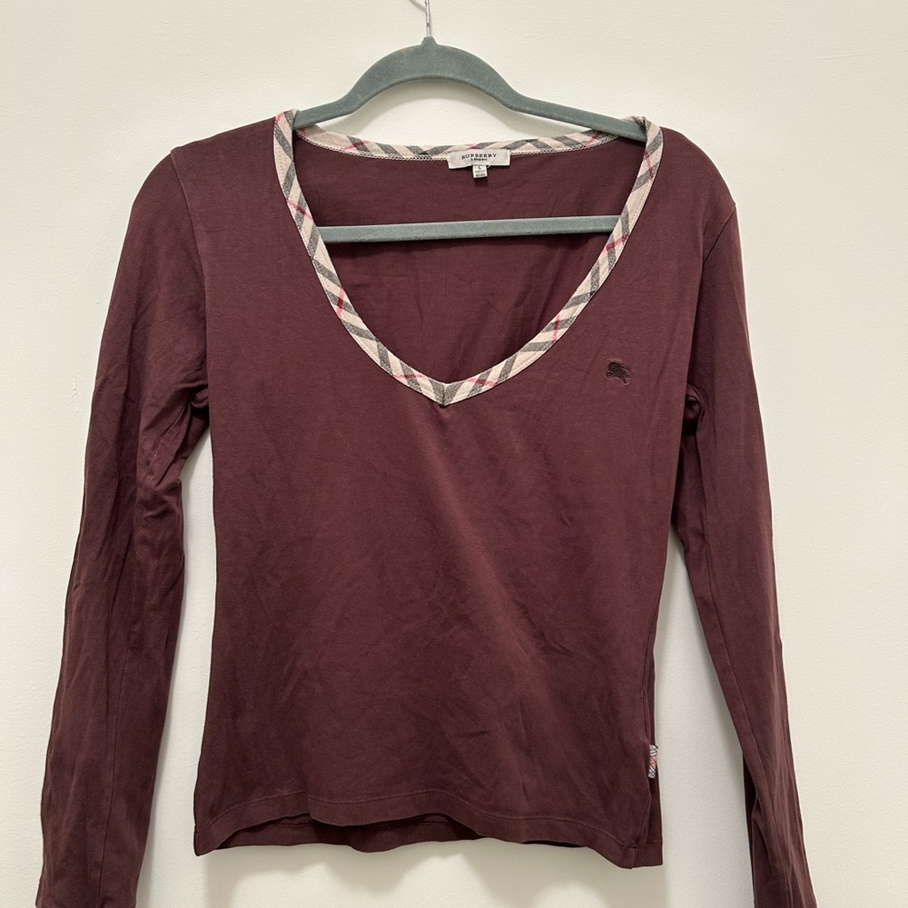 Burberry Brown Long Sleeve Top with Patterned Trim